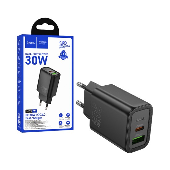 Adaptador Hoco N63 2 Portas USB+Tipo-C PD30W Preto Adaptador Hoco N63 2 Portas USB+Tipo-C PD30W Preto